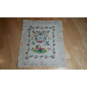 1969 Hand Embroidery by Erica Wilson Heirloom Needlework Baby theme Linen Panel